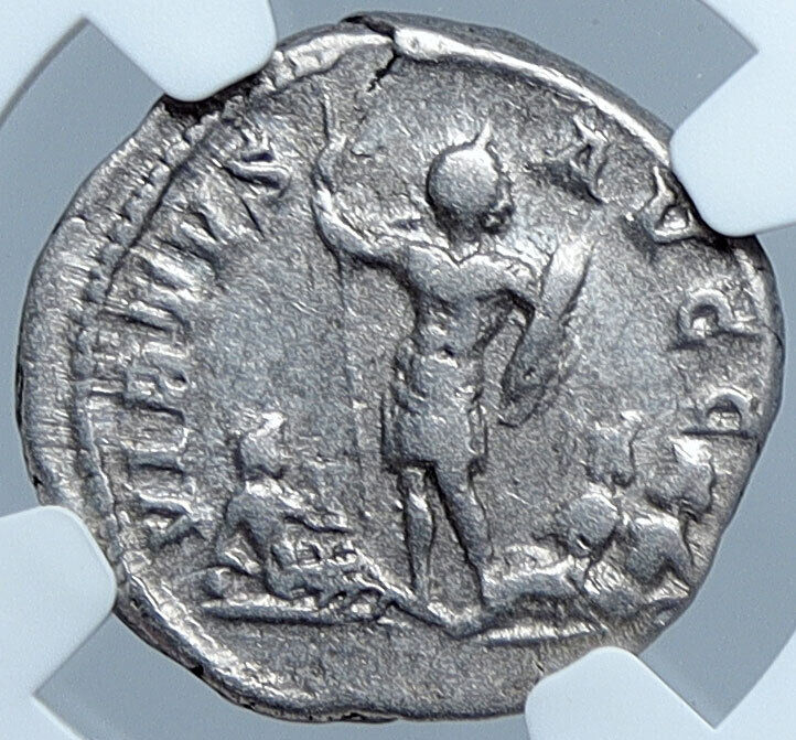 CARACALLA 207AD Britannia River-Gods RARE Ancient Silver Roman Coin NGC i59821