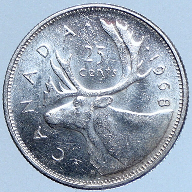 1968 CANADA United Kingdom UK Elizabeth II CARIBOU Silver 25 Cent Coin i114022