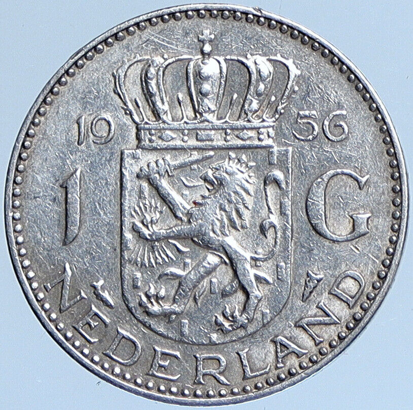 1956 NETHERLANDS Kingdom Queen JULIANA Vintage OLD Silver 1 Gulden Coin i114020