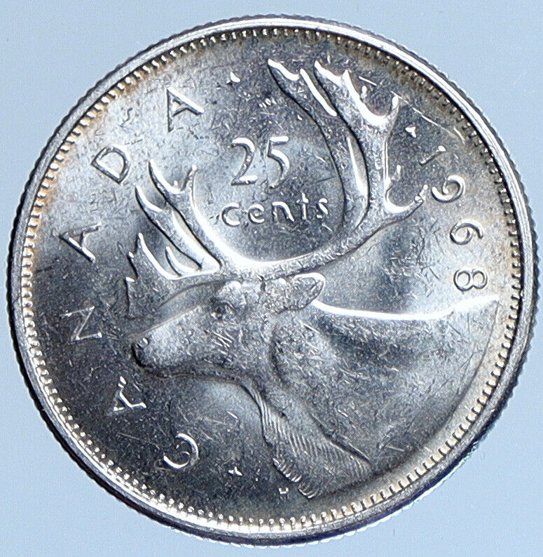 1968 CANADA United Kingdom UK Elizabeth II CARIBOU Silver 25 Cent Coin i114021