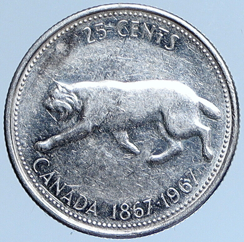 1967 CANADA Confederation Centennial Silver 25 Cents Coin LYNX Wild Cat i114025