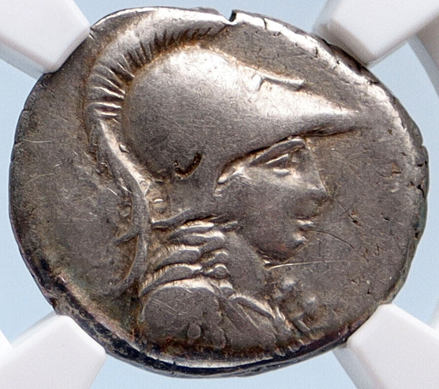 Roman Republic 46BC Authentic Ancient Silver Coin MINERVA VICTORY NGC i61915