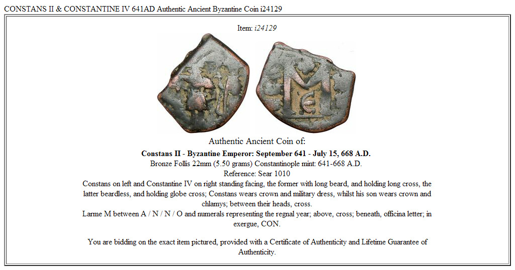 CONSTANS II & CONSTANTINE IV 641AD Authentic Ancient Byzantine Coin i24129