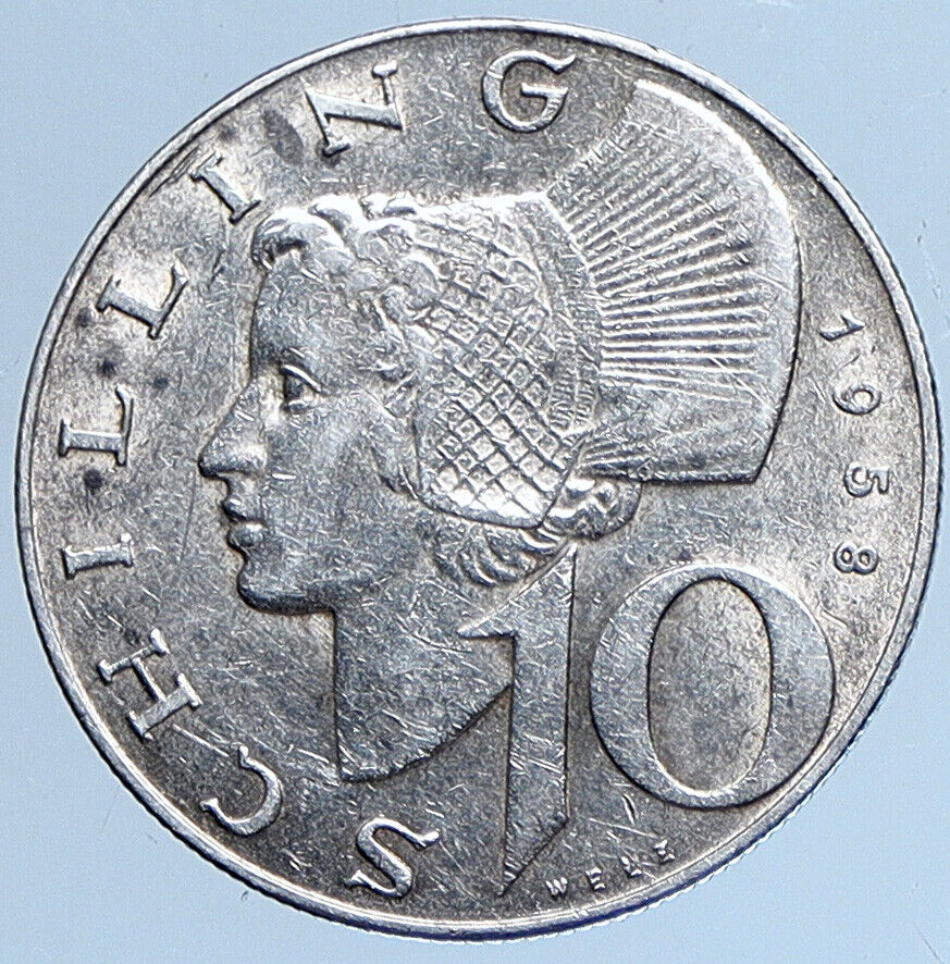 1958 Austria Wachau Woman 10 Schilling OLD Silver Austrian Coin Shield i113949