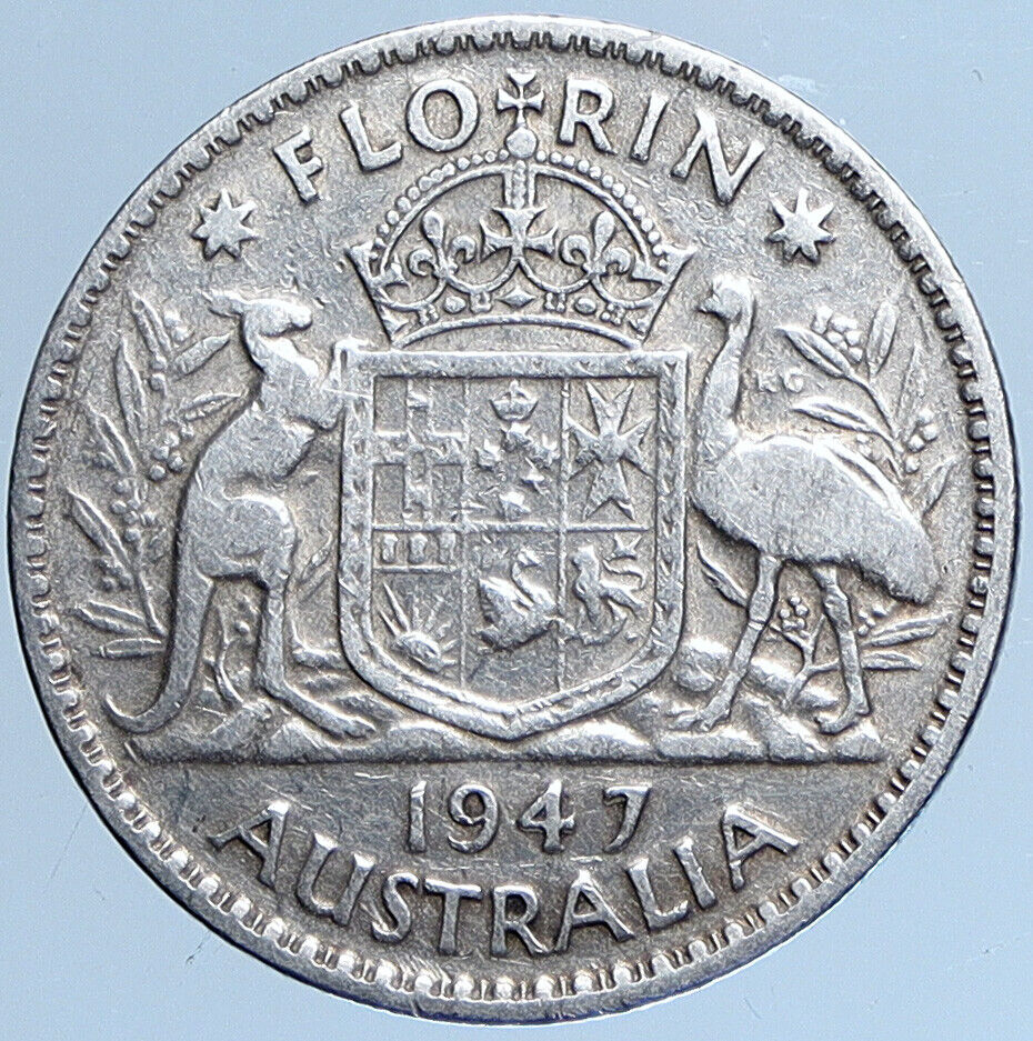 1947 AUSTRALIA King George VI Kangaroos Antique OLD Silver Florin Coin i113956