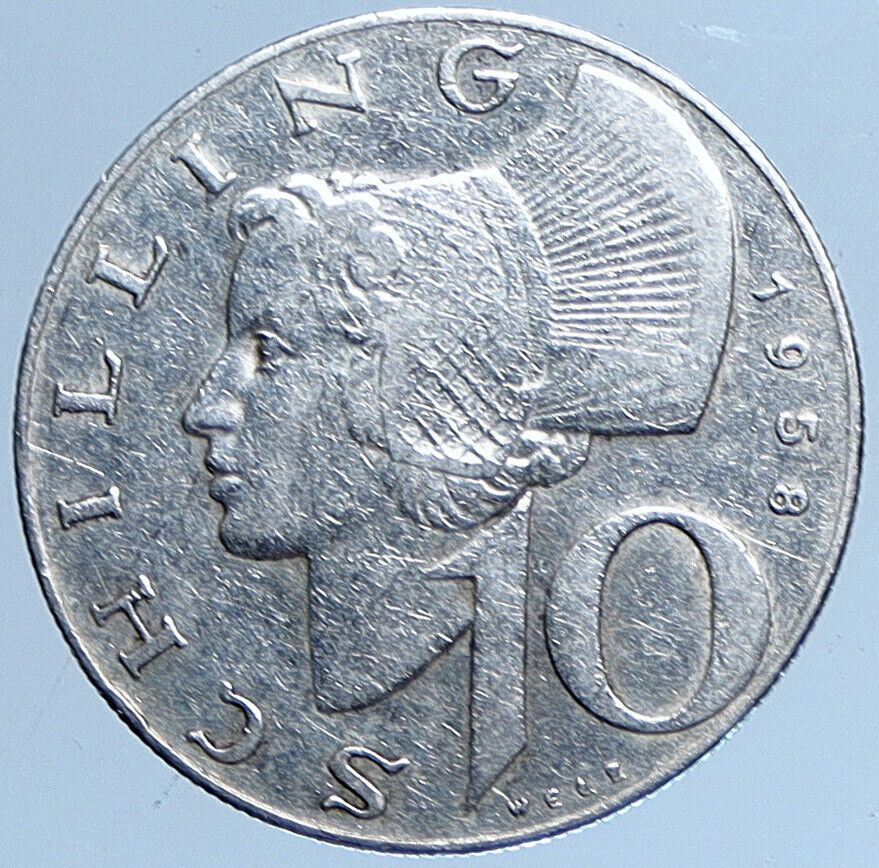 1958 Austria Wachau Woman 10 Schilling OLD Silver Austrian Coin Shield i113948