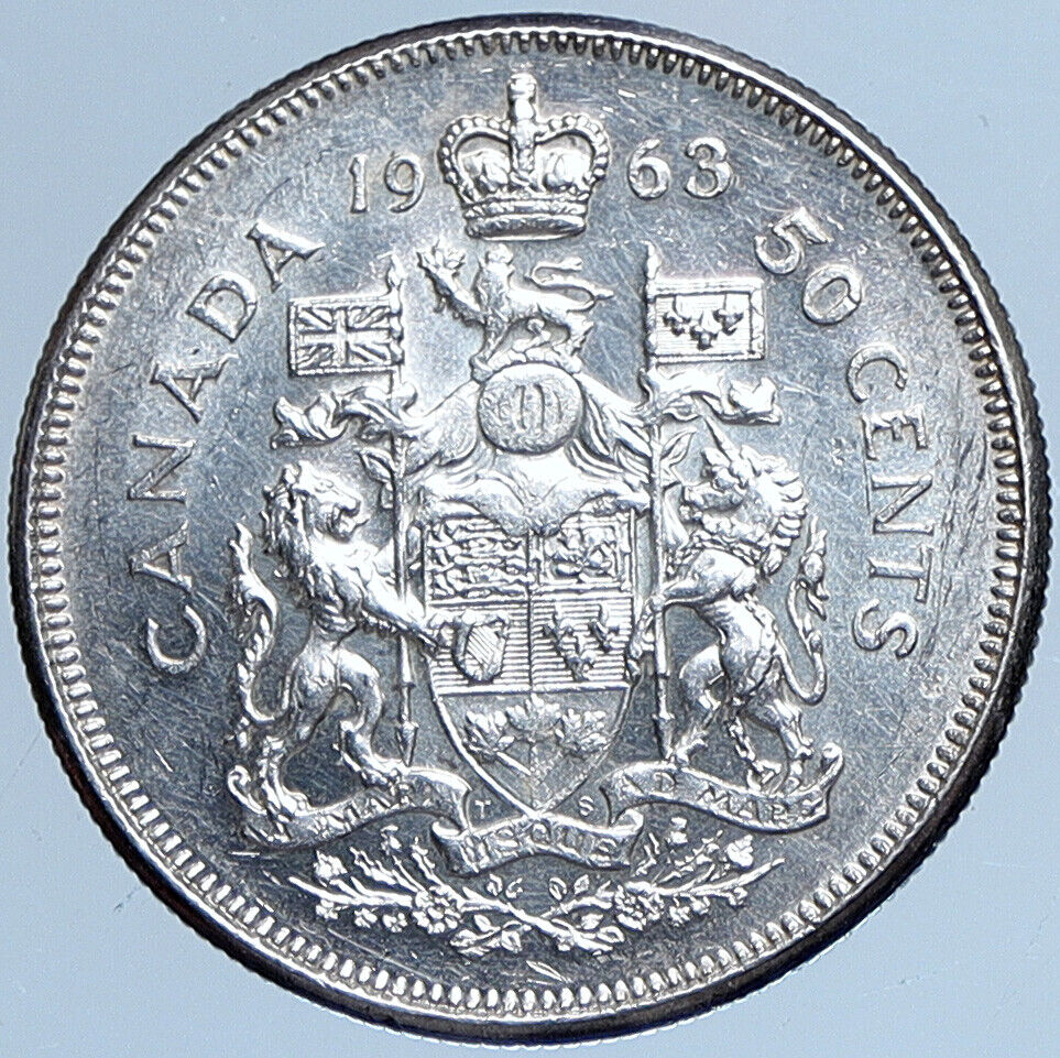 1963 CANADA Queen Elizabeth II Arms Vintage Lion Old SILVER 50 Cent Coin i113951