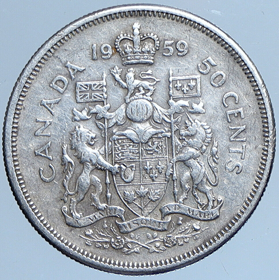 1959 CANADA Queen Elizabeth II Arms Crown VINTAGE SILVER 50 Cents Coin i113952