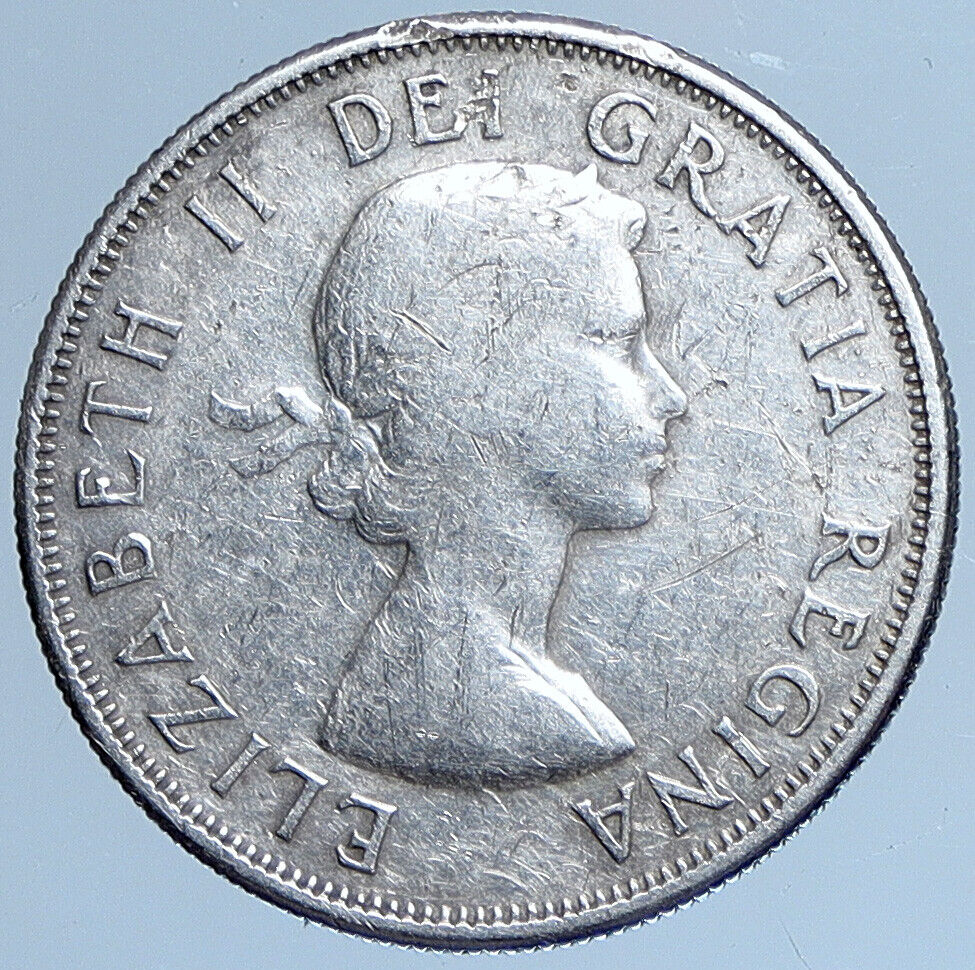 1959 CANADA Queen Elizabeth II Arms Crown VINTAGE SILVER 50 Cents Coin i113952