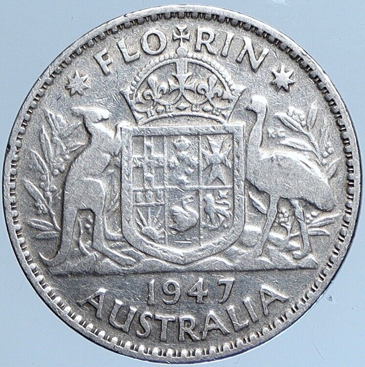 1947 AUSTRALIA King George VI Kangaroos Antique OLD Silver Florin Coin i113967