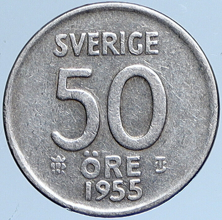 1955 Sweden KING GUSTAF VI Crowned ARMS Vintage OLD Silver 50 Ore Coin i113961