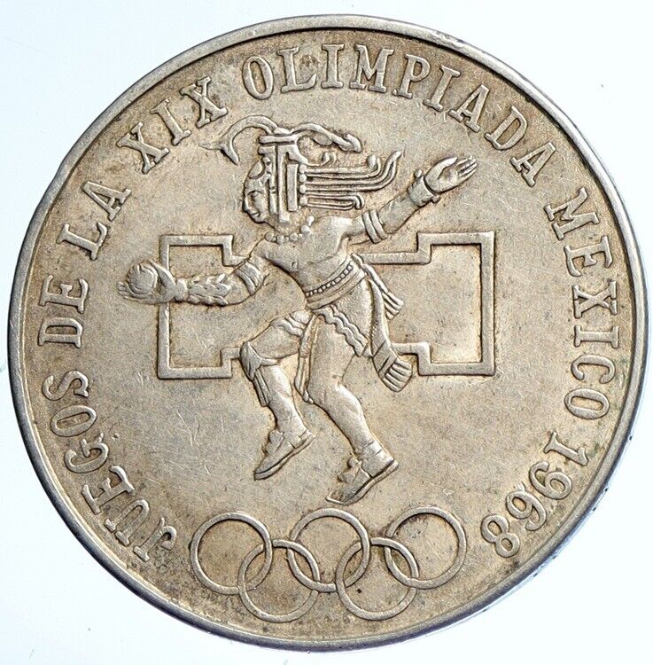 1968 Mexico XIX Olympic Games Aztec Ball Player BIG 25 Pesos Silver Coin i112814