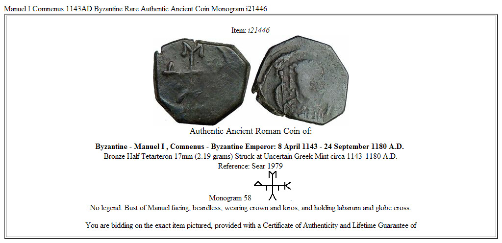 Manuel I Comnenus 1143AD Byzantine Rare Authentic Ancient Coin Monogram i21446