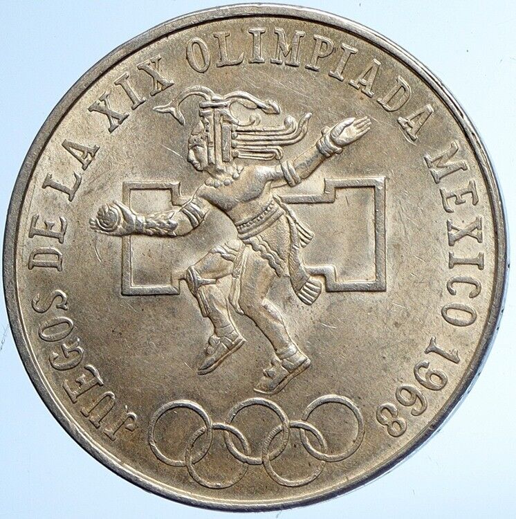 1968 Mexico XIX Olympic Games Aztec Ball Player BIG 25 Pesos Silver Coin i112815