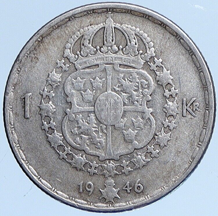 1946 SWEDEN King GUSTAV V ADOLF 1 Krona OLD Silver SWEDISH Vintage Coin i113981