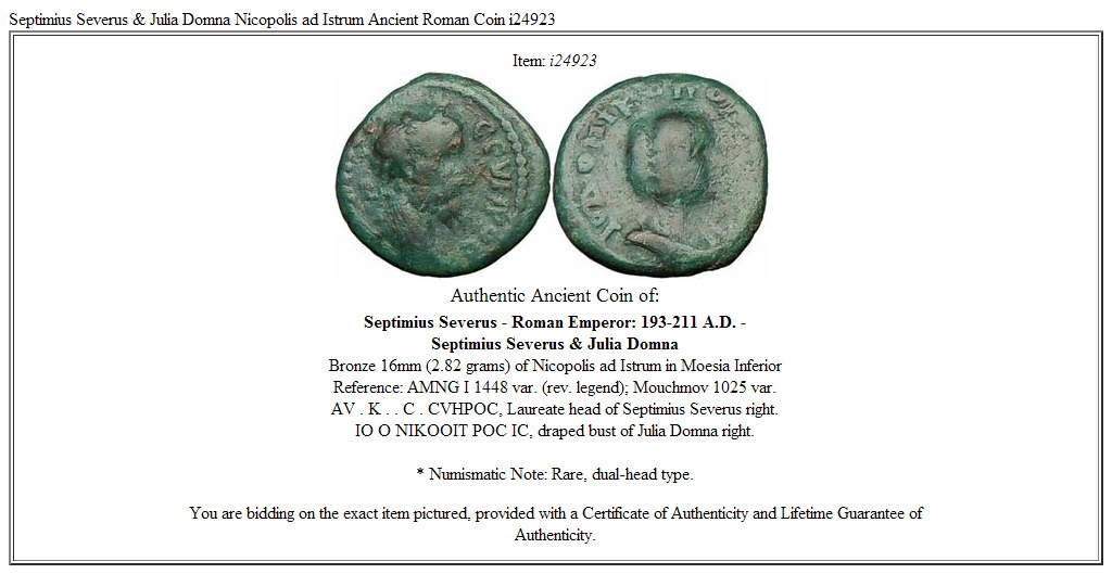 Septimius Severus & Julia Domna Nicopolis ad Istrum Ancient Roman Coin i24923