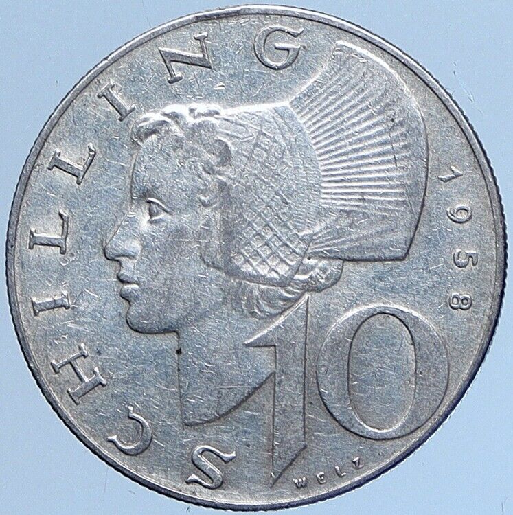 1958 Austria Wachau Woman 10 Schilling OLD Silver Austrian Coin Shield i113979