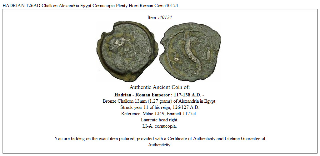 HADRIAN 126AD Chalkon Alexandria Egypt Cornucopia Plenty Horn Roman Coin i40124