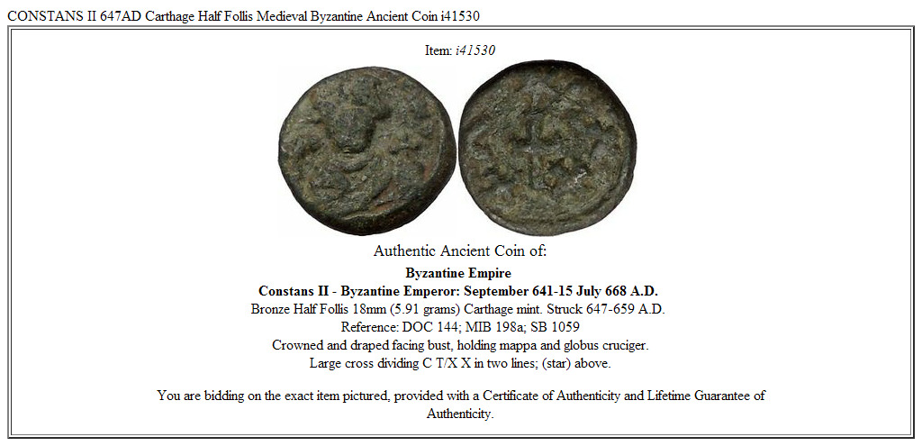 CONSTANS II 647AD Carthage Half Follis Medieval Byzantine Ancient Coin i41530