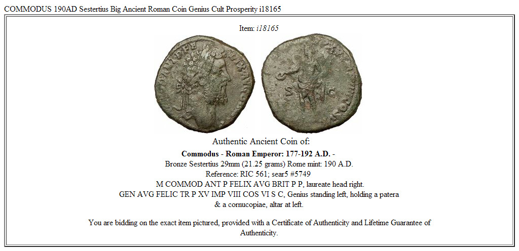 COMMODUS 190AD Sestertius Big Ancient Roman Coin Genius Cult Prosperity i18165