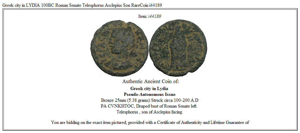 Greek city in LYDIA 100BC Roman Senate Telesphorus Asclepius Son RareCoin i44189