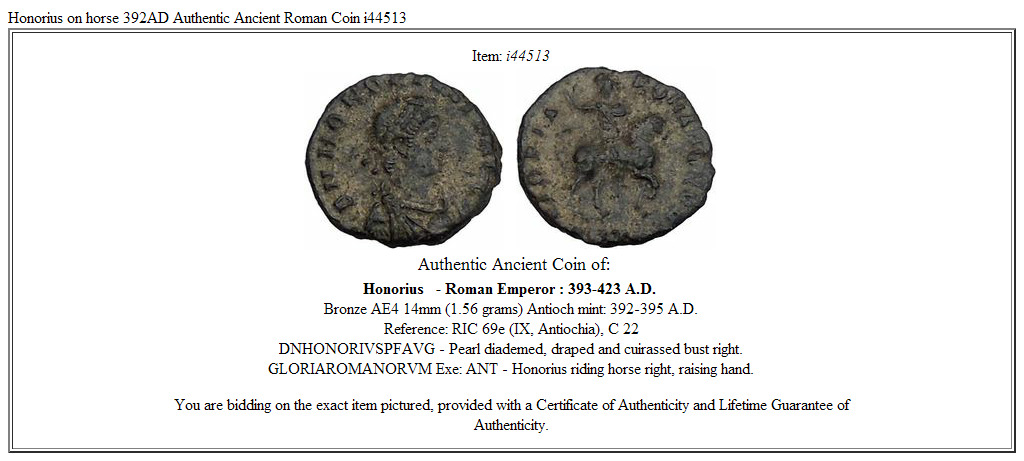 Honorius on horse 392AD Authentic Ancient Roman Coin i44513