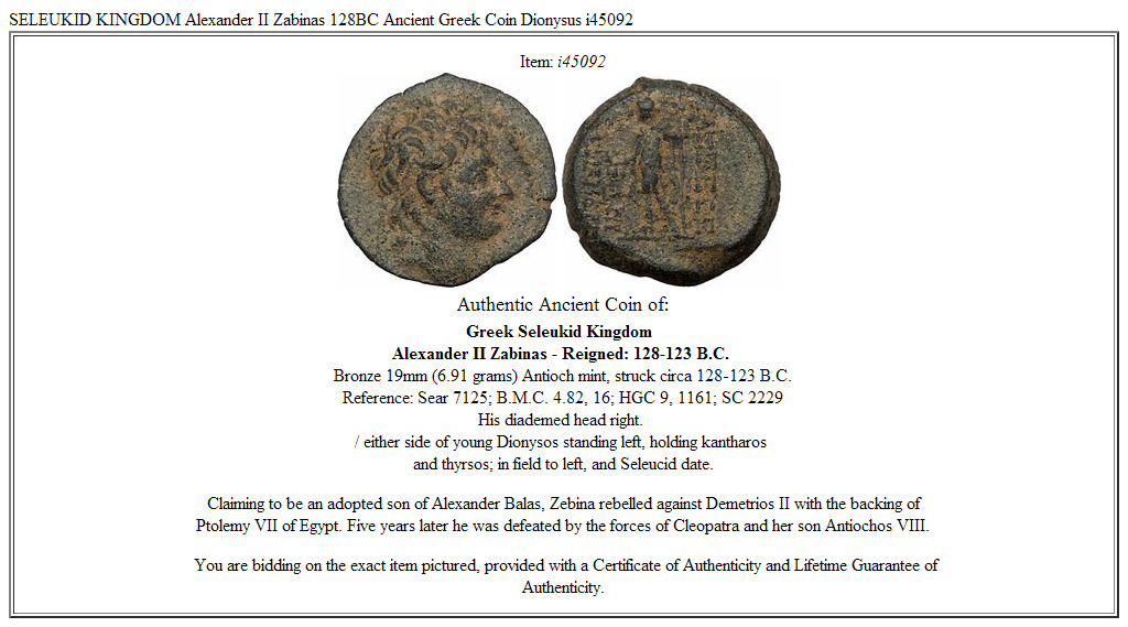 SELEUKID KINGDOM Alexander II Zabinas 128BC Ancient Greek Coin Dionysus i45092