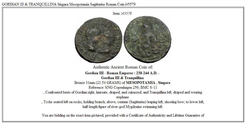 GORDIAN III & TRANQUILLINA Singara Mesopotamia Sagittarius Roman Coin i45579