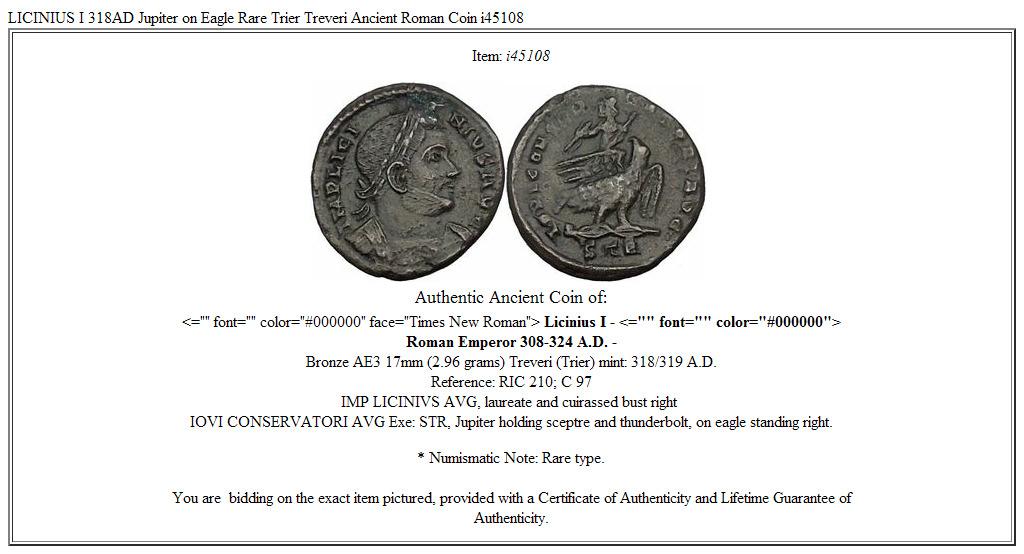 LICINIUS I 318AD Jupiter on Eagle Rare Trier Treveri Ancient Roman Coin i45108