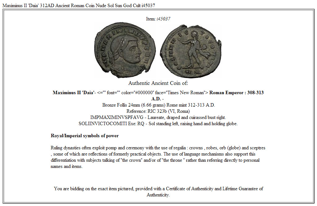 Maximinus II 'Daia' 312AD Ancient Roman Coin Nude Sol Sun God Cult i45037