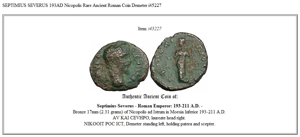 SEPTIMIUS SEVERUS 193AD Nicopolis Rare Ancient Roman Coin Demeter i45227