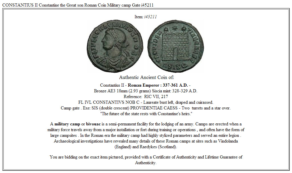 CONSTANTIUS II Constantine the Great son Roman Coin Military camp Gate i45211