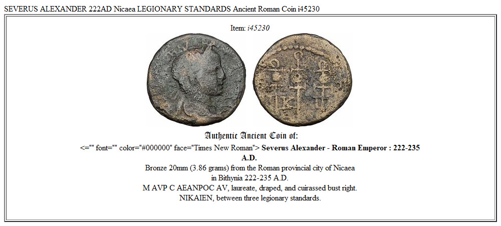SEVERUS ALEXANDER 222AD Nicaea LEGIONARY STANDARDS Ancient Roman Coin i45230