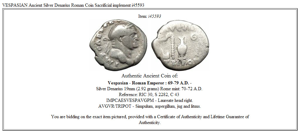 VESPASIAN Ancient Silver Denarius Roman Coin Sacrificial implement i45593