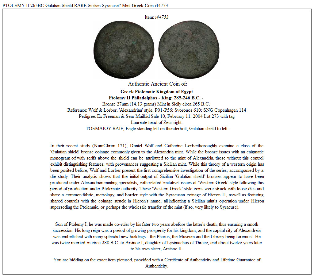 PTOLEMY II 265BC Galatian Shield RARE Sicilian Syracuse? Mint Greek Coin i44753