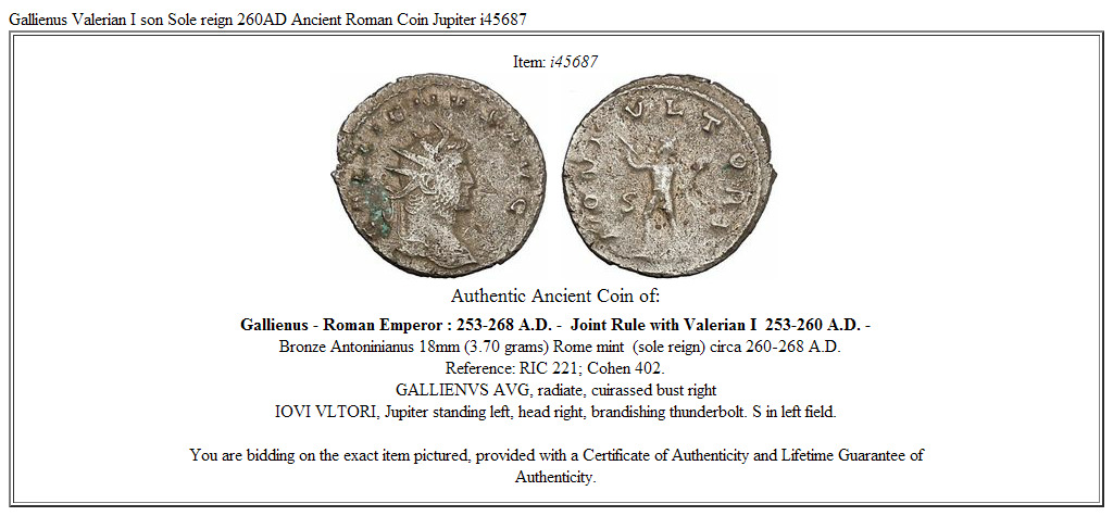 Gallienus Valerian I son Sole reign 260AD Ancient Roman Coin Jupiter i45687