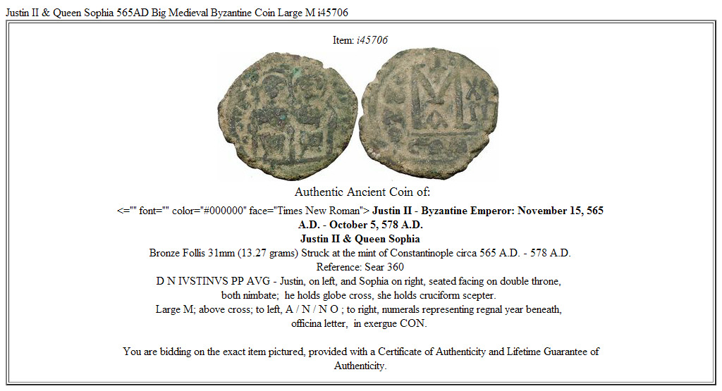 Justin II & Queen Sophia 565AD Big Medieval Byzantine Coin Large M i45706