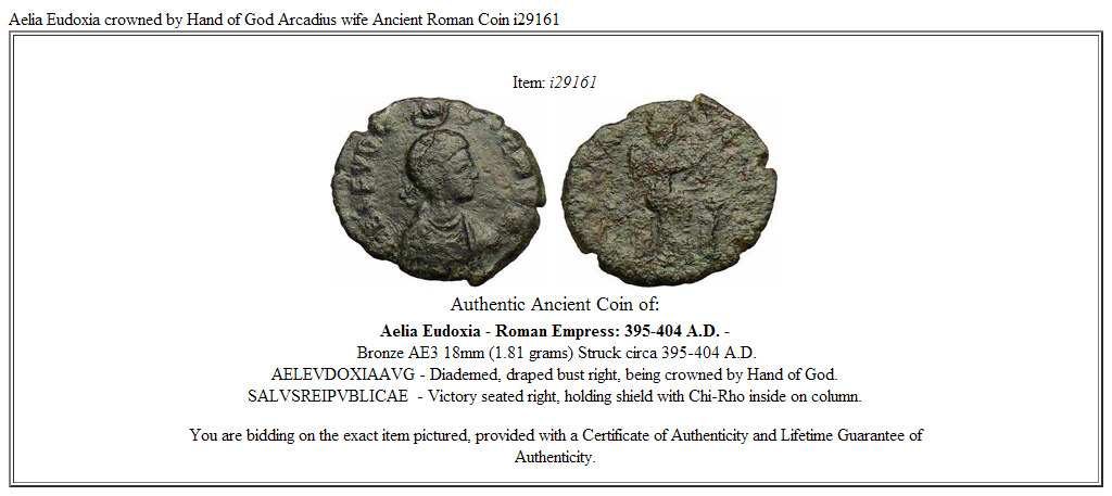 Aelia Eudoxia crowned by Hand of God Arcadius wife Ancient Roman Coin i29161