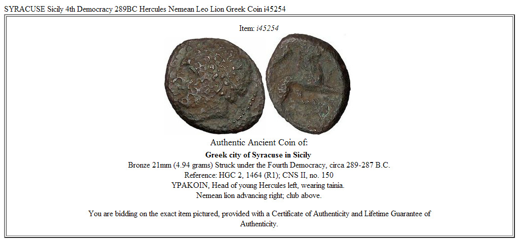 SYRACUSE Sicily 4th Democracy 289BC Hercules Nemean Leo Lion Greek Coin i45254