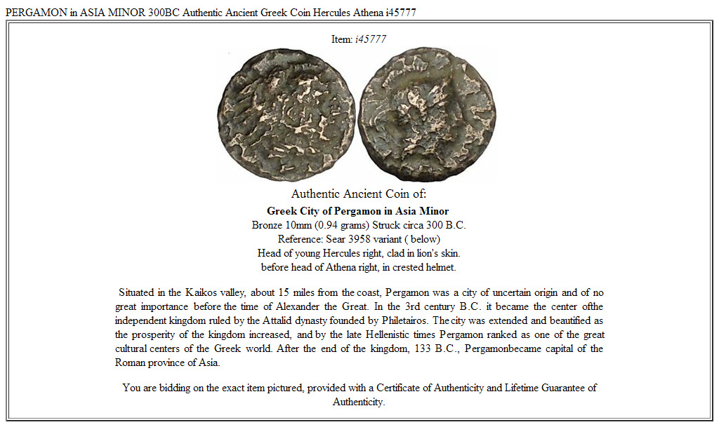 PERGAMON in ASIA MINOR 300BC Authentic Ancient Greek Coin Hercules Athena i45777