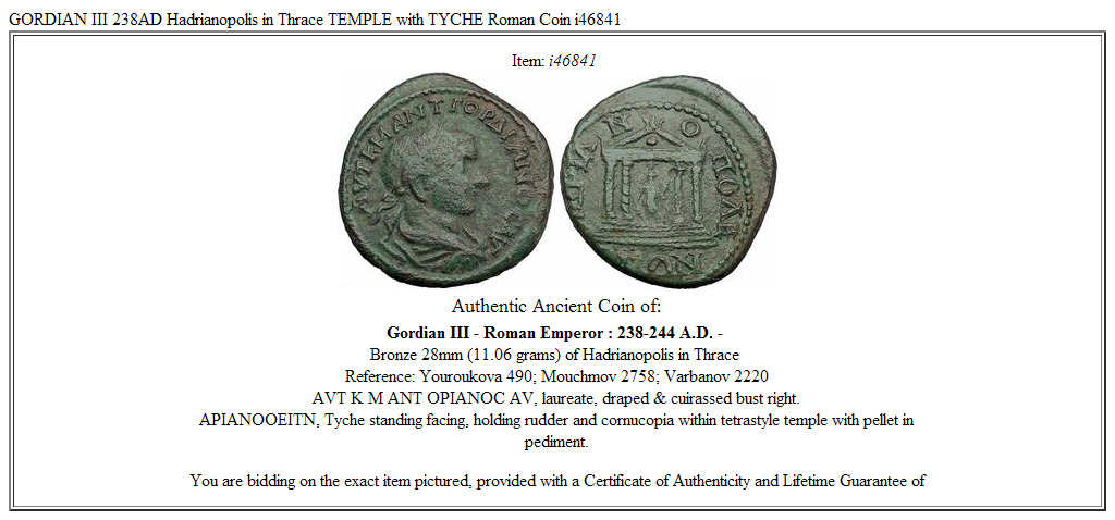 GORDIAN III 238AD Hadrianopolis in Thrace TEMPLE with TYCHE Roman Coin i46841