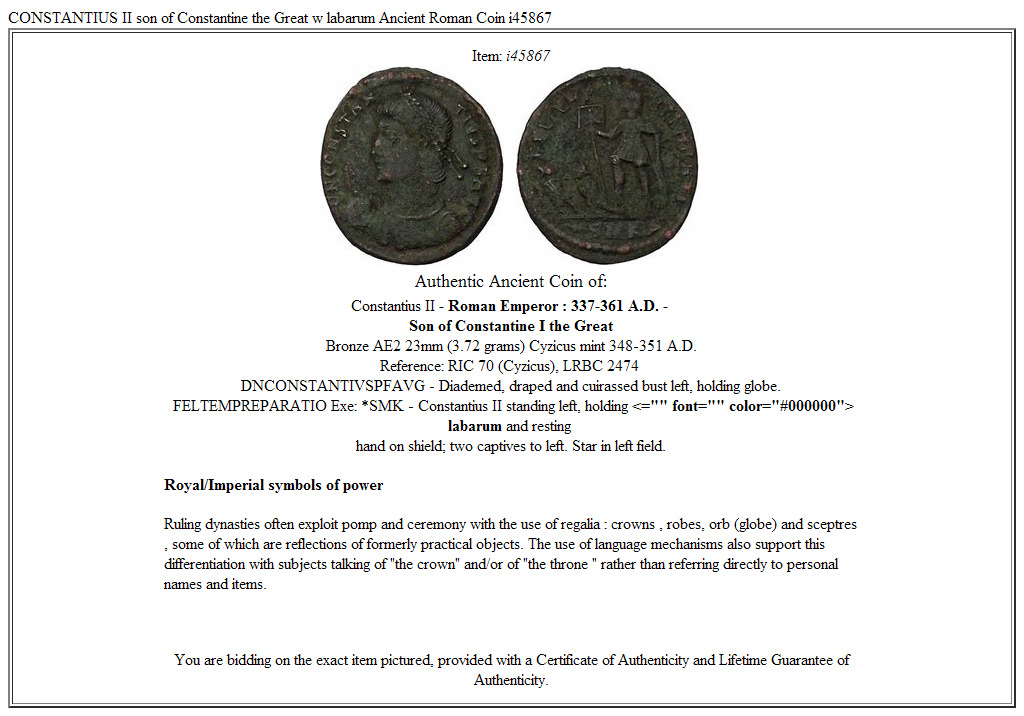 CONSTANTIUS II son of Constantine the Great w labarum Ancient Roman Coin i45867