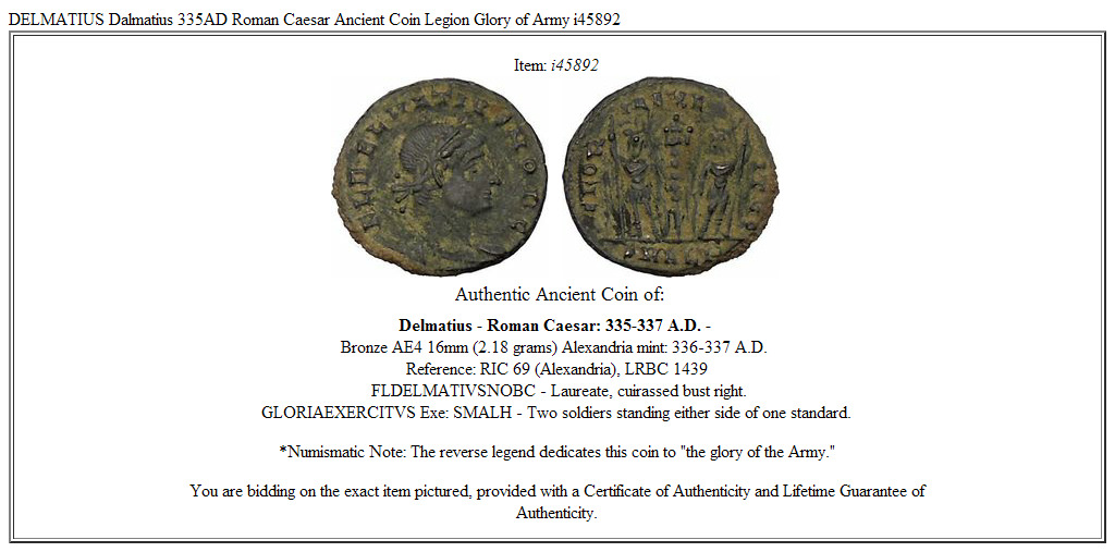 DELMATIUS Dalmatius 335AD Roman Caesar Ancient Coin Legion Glory of Army i45892