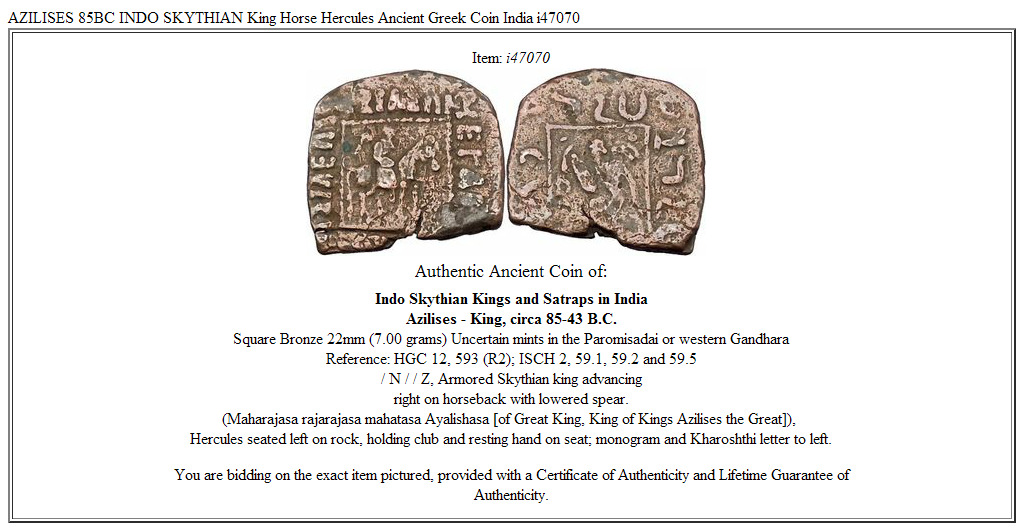 AZILISES 85BC INDO SKYTHIAN King Horse Hercules Ancient Greek Coin India i47070