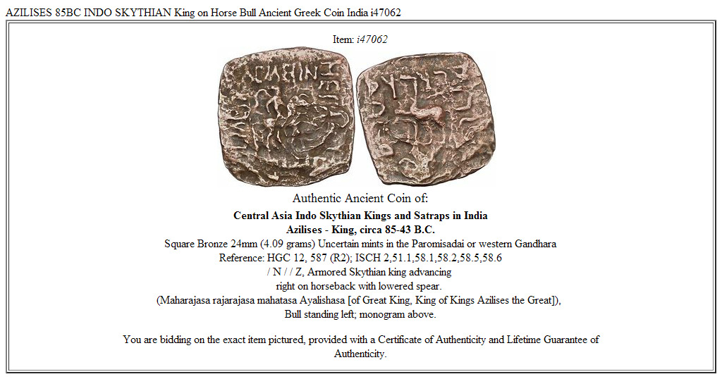 AZILISES 85BC INDO SKYTHIAN King on Horse Bull Ancient Greek Coin India i47062