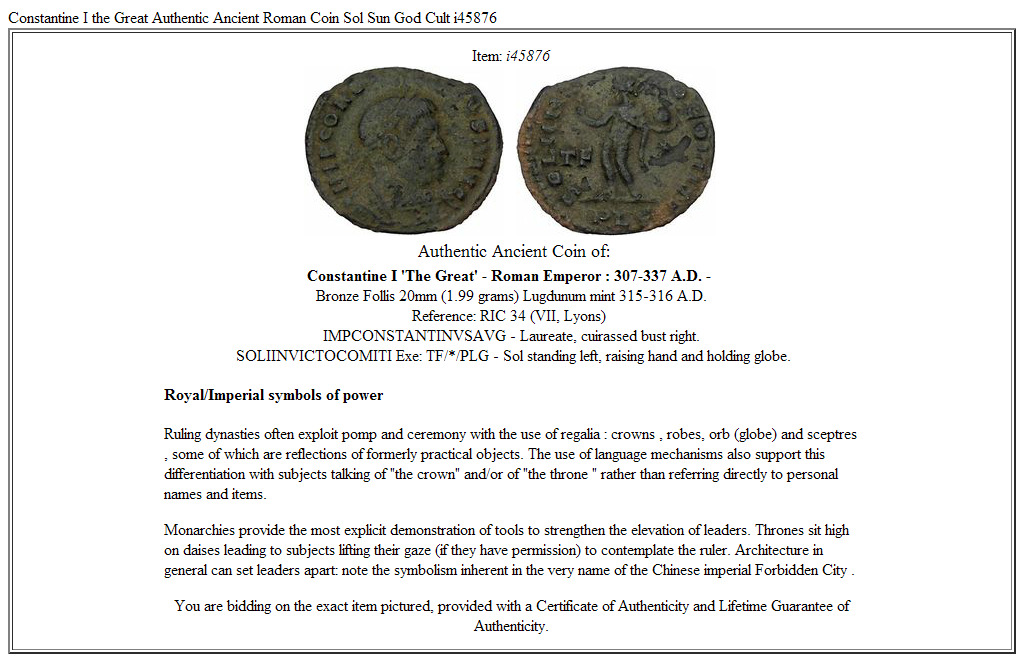 Constantine I the Great Authentic Ancient Roman Coin Sol Sun God Cult i45876