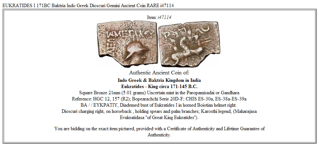 EUKRATIDES I 171BC Baktria Indo Greek Dioscuri Gemini Ancient Coin RARE i47114