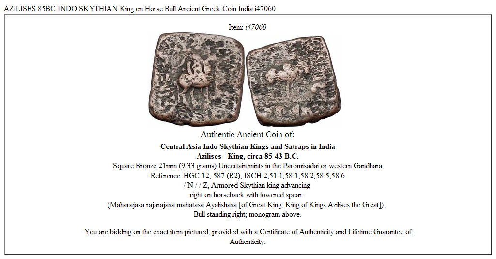 AZILISES 85BC INDO SKYTHIAN King on Horse Bull Ancient Greek Coin India i47060