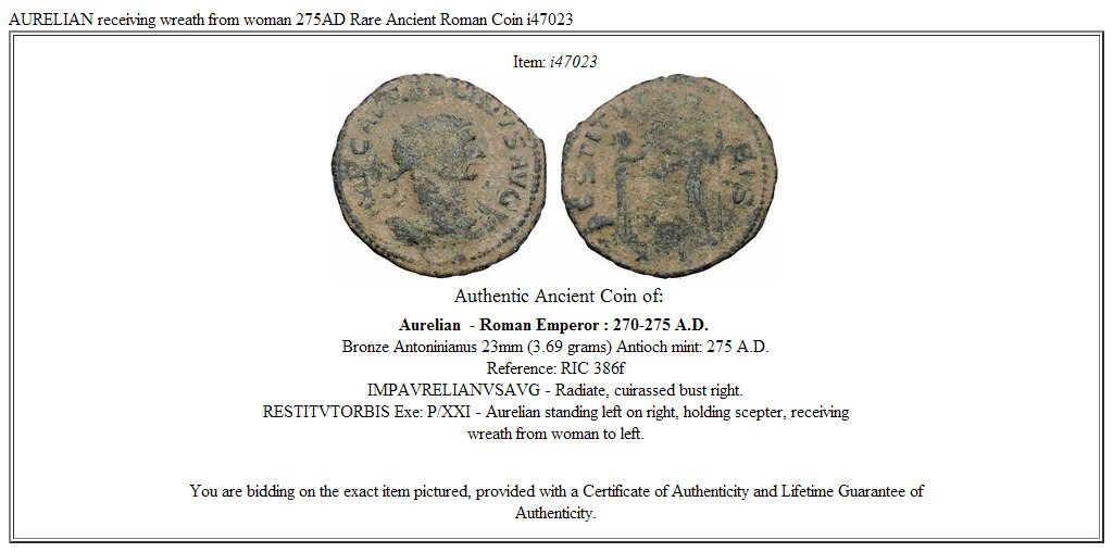 AURELIAN receiving wreath from woman 275AD Rare Ancient Roman Coin i47023