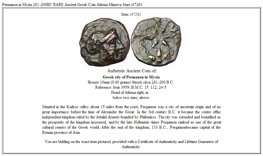 Permanon in Mysia 281-200BC RARE Ancient Greek Coin Athena Minerva Stars i47261